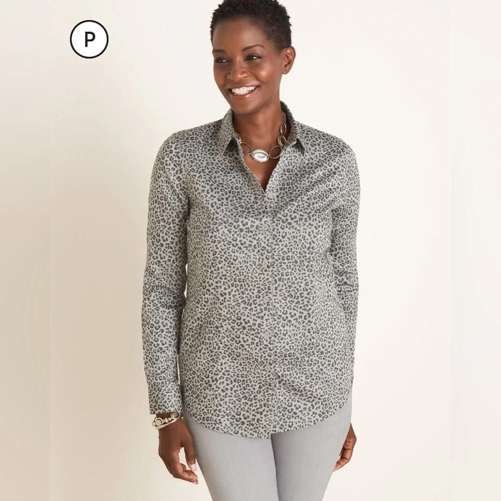 Chico’s Coolmax All Seasons Cheetah-Print Classic Button Down Shirt